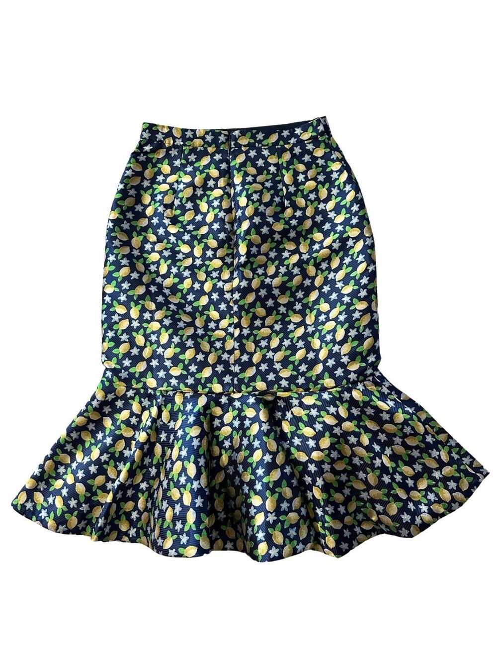Vintage J.Crew Navy Blue All Over Lemon Print Mermaid Skirt, Size 0
